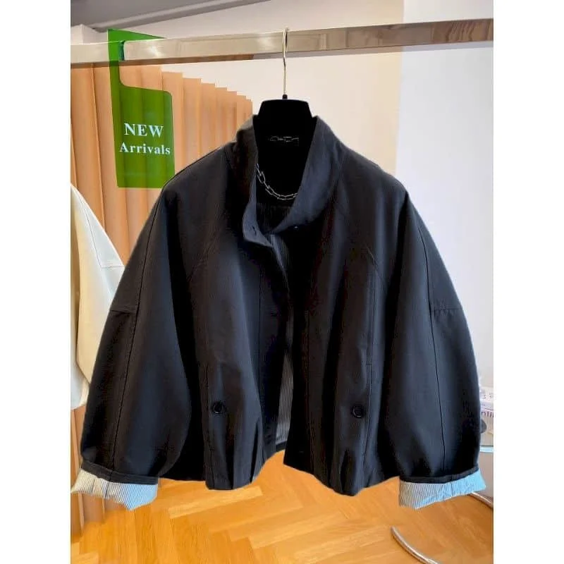 

Women's Jacket Solid Vintage Korean Style Loose Stand Collar Cardigans Long Sleeve Workwear Coats Single-breasted Women Clothing