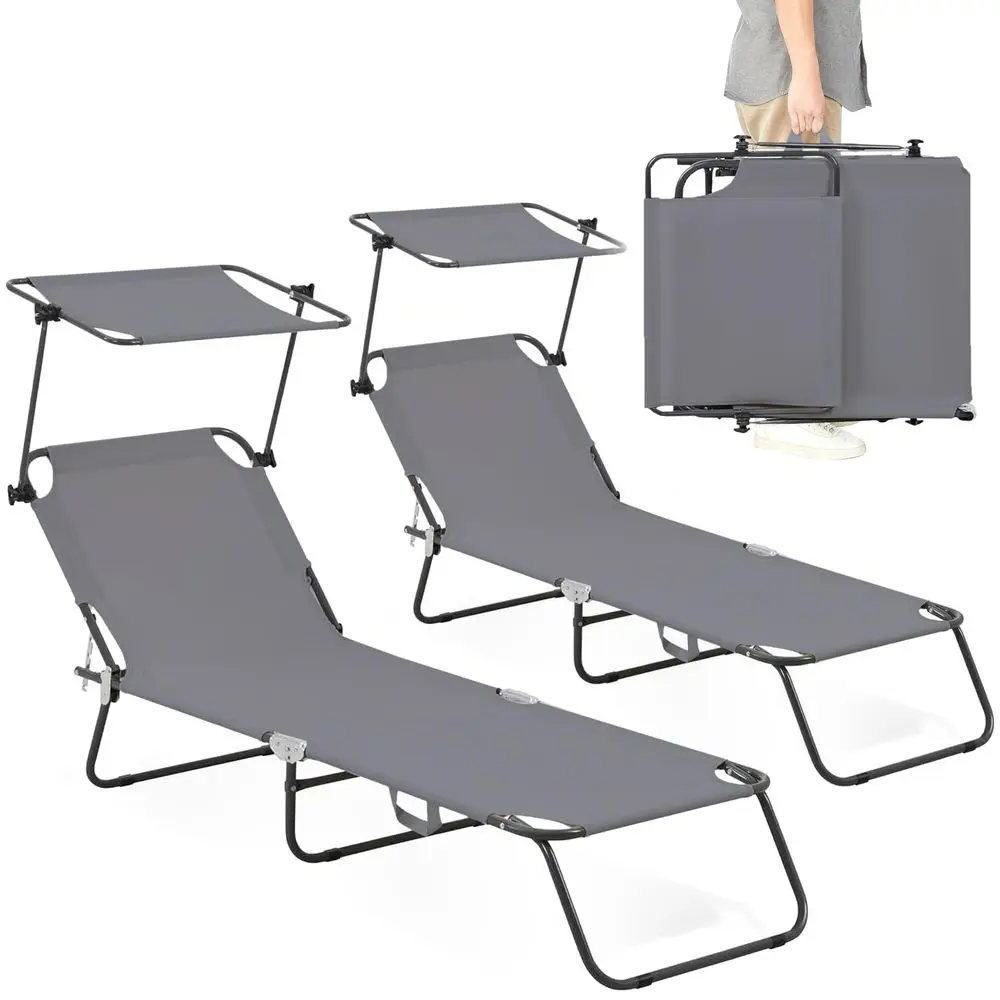 

Folding Outdoor Lounge Chair Set of 2 with Adjustable Shade Canopy, Portable Sun Tanning Chairs, Gray 2, Grey