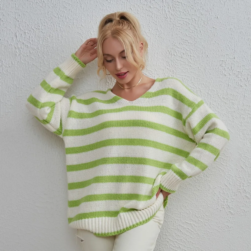 

2023 Autumn/Winter New Women's Fashion V-neck Knit Stripe Loose Pullover Sweater