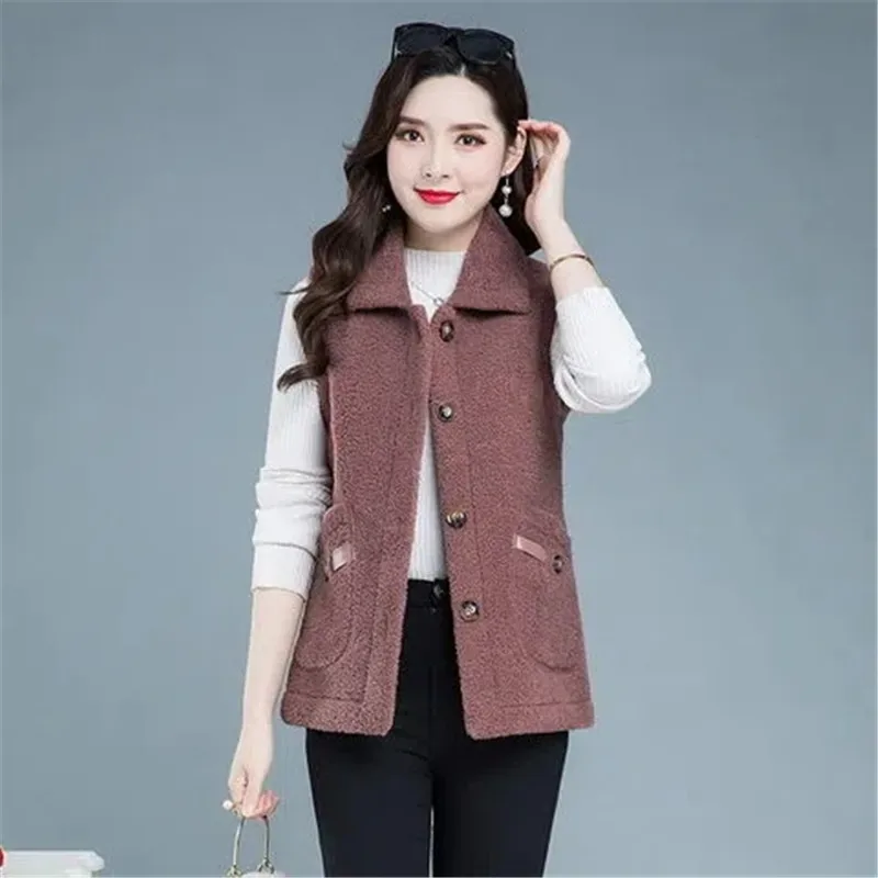 

Faux Lamb Wool Vest Coat Autumn Winter Fashion Ladies Turndow Collar Casual Single-Breasted Pocket Women Sleeveless Waistcoat