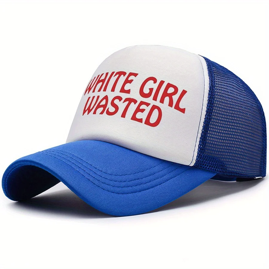 White Wasted Bold Letter Print Baseball Cap Adjustable Lightweight Polyester Trucker Hat with 6 Color Options (Red/Yellow/Blue