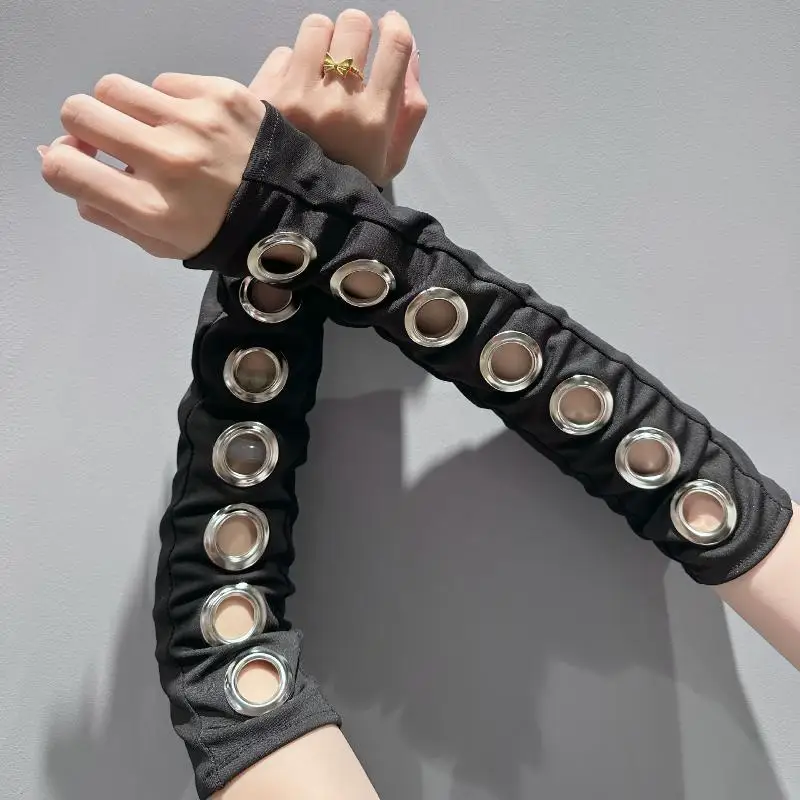Y2K ゴシックパンク指なし手袋女性のためのリベットオーバースリーブ黒カフコスプレヒップホップファッション衣装アクセサリーストリートウェア