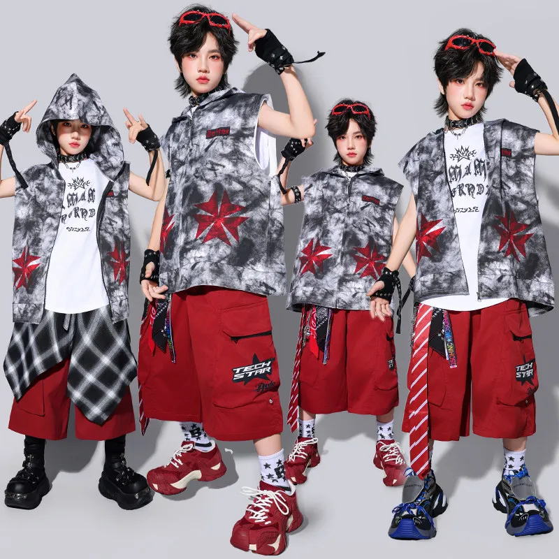 Jazz Dance Hip Hop Costumes Boy Street Dance Clothing Kid Show Performance Stage Outfit Red Cropped Pants Casual Streetwear 3946