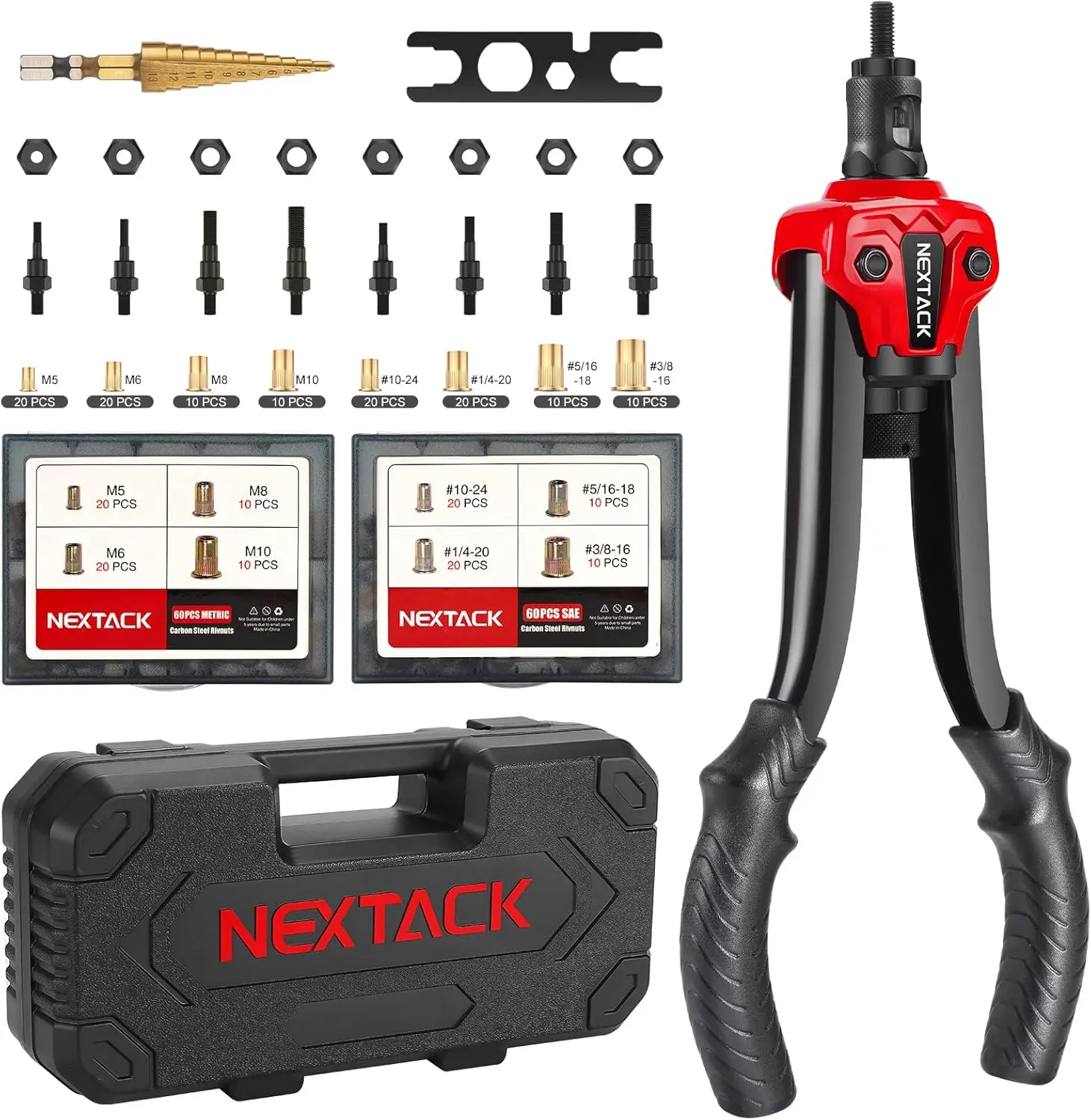 Heavy Duty Rivnut Tool Kit with Step Drill Bit, 120 Nutserts & 8 Mandrels for M5-M10 & SAE Sizes in Rugged Case