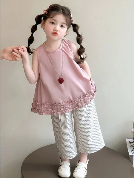

Girls Set 2025 Summer New Childrens Wear Korean Style Baby Girl Sleeveless Vest Halless Pants Color Contrast Two-piece Set
