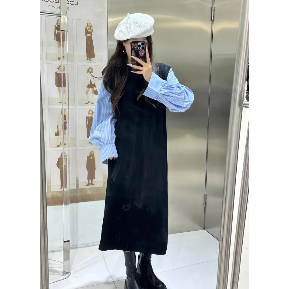 

Spring irt Knitted Dr Patchwork Slimming Korean Sle Long Dr Materni Wear Breathable Comfortable Long Sve round...