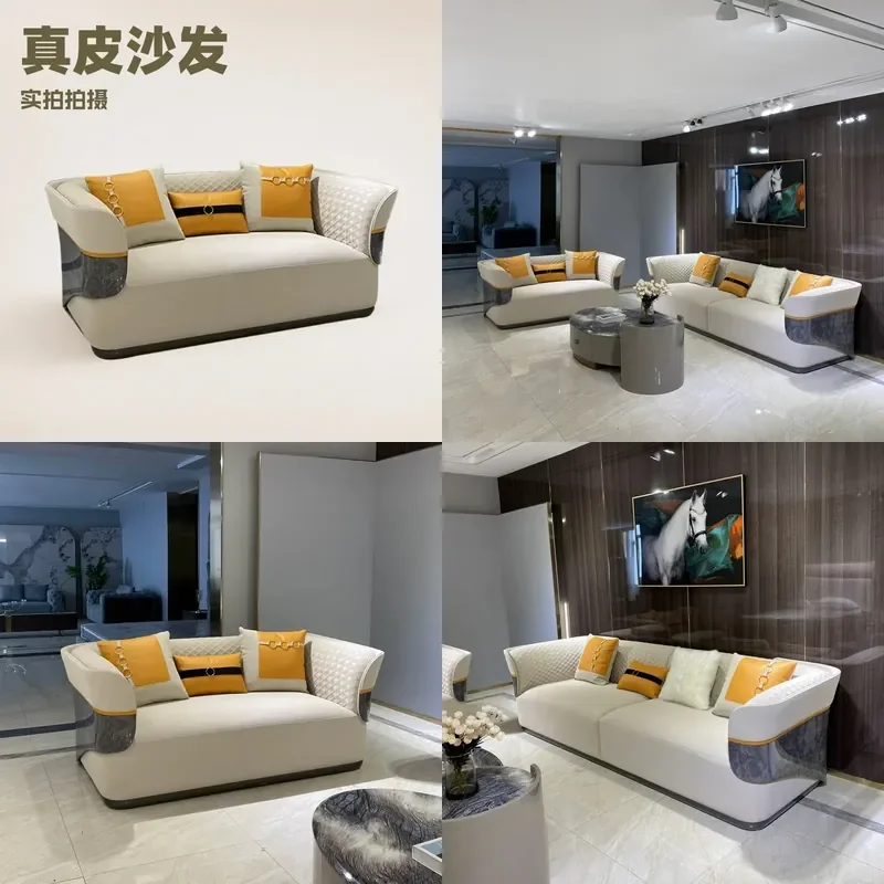 Italian Light Luxury Leather Sofa Set Modern Hong Kong Style for Villa Apartment Living Room Fully Furnished Model Display