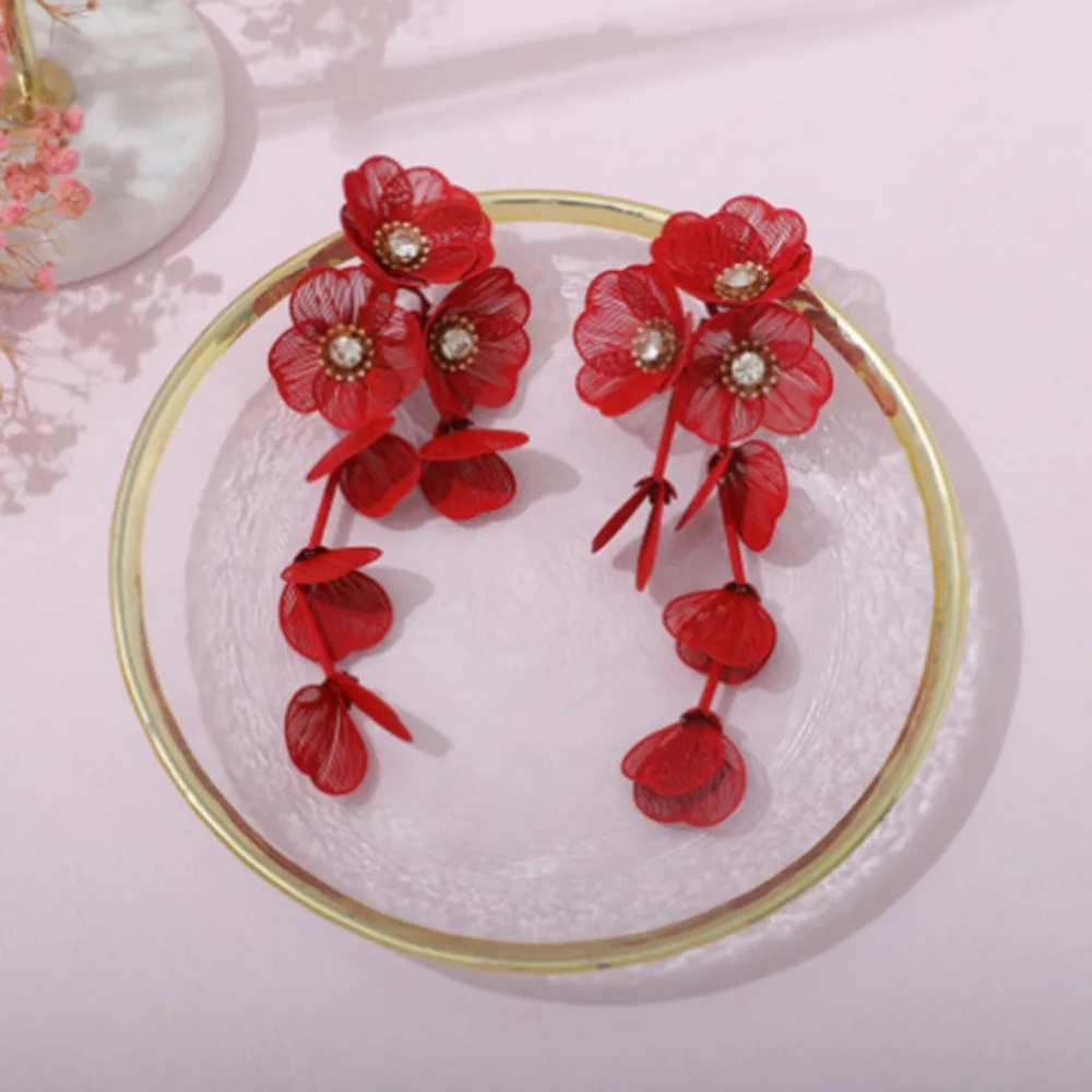 Exaggerated Big Flower Long Tassel Earrings Light Luxury Temperament Women Earrings Metal Advanced Sense Stud Earrings
