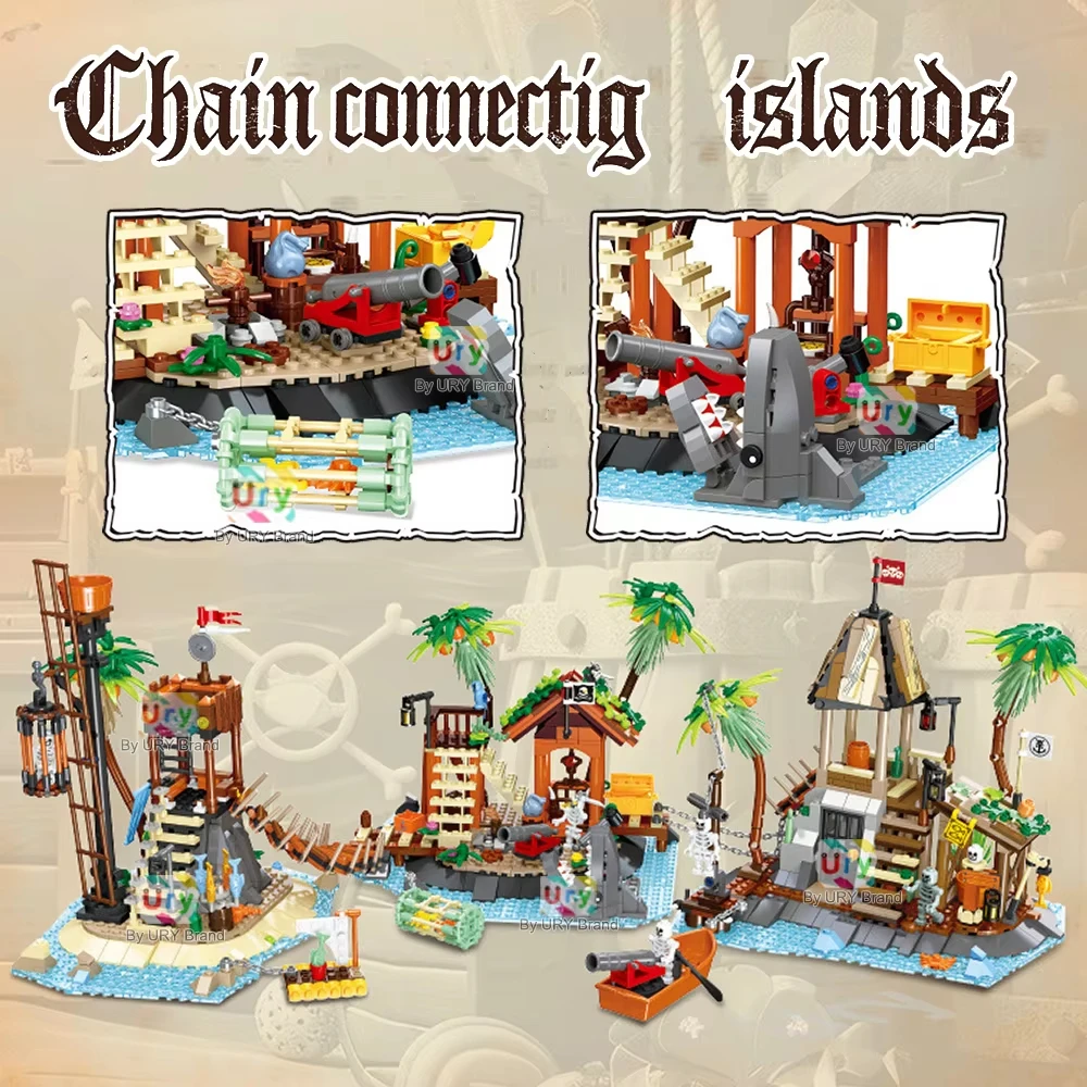 Bouwstenen op piratenbasis, woestijd eilandschatscènemodel met rijke accessoires, creatieve verjaardagscadeaus voor kinderen