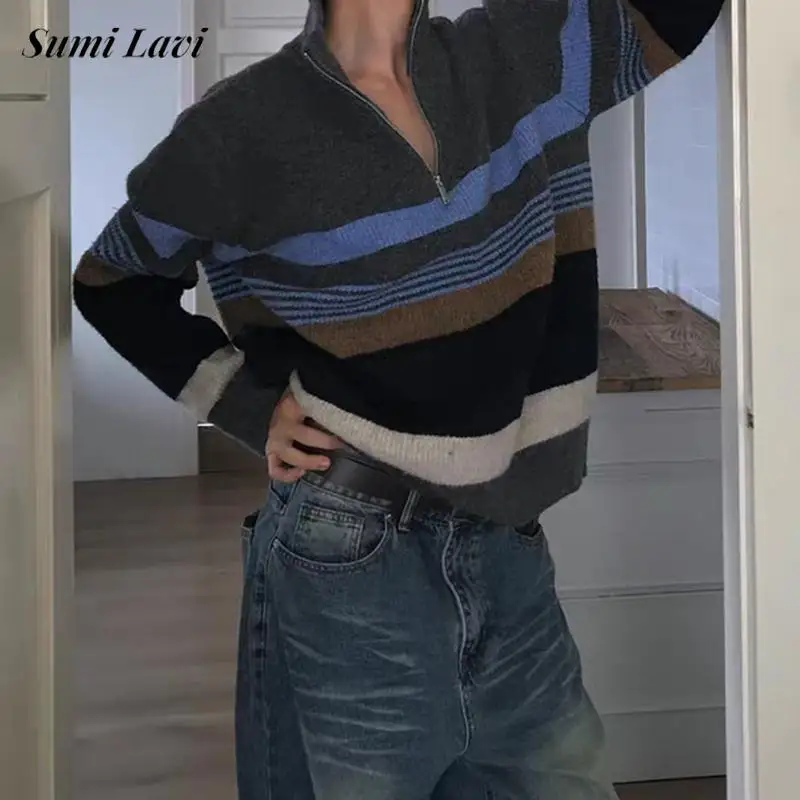 

Trendy Mens Slim Sweaters Vintage Striped Crochet Zip-up Knit Polo Shirts Men Autumn Winter Stylish Long Sleeve Knitting Jumpers