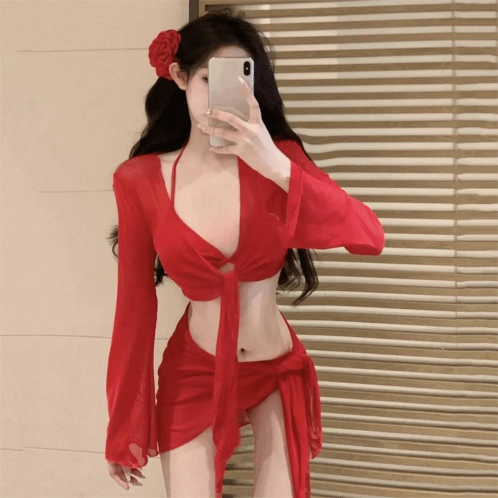 

Pure Red Color Four Piece Bikini Set White Color Lace Up Design Long Sleeved Swimsuit Cover Up Skirt Solid Color Push Up Bikini