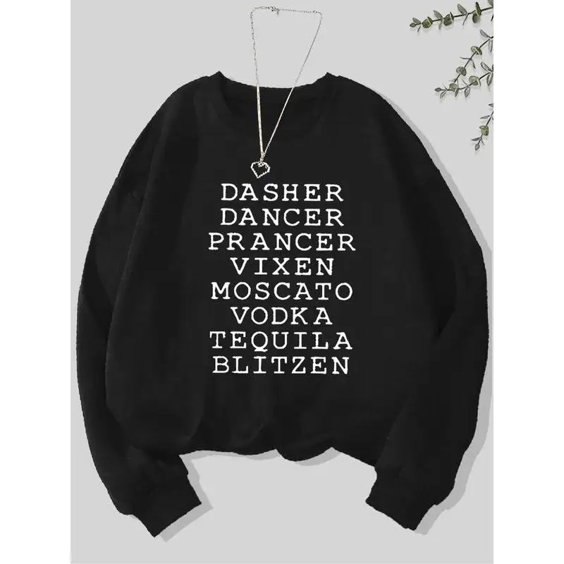 

Funny Reindeer Drink List Sweatshirt Christmas Dasher Vixen Blitzen Jumper Adult Humor Holiday Wine Vodka Tequila Top