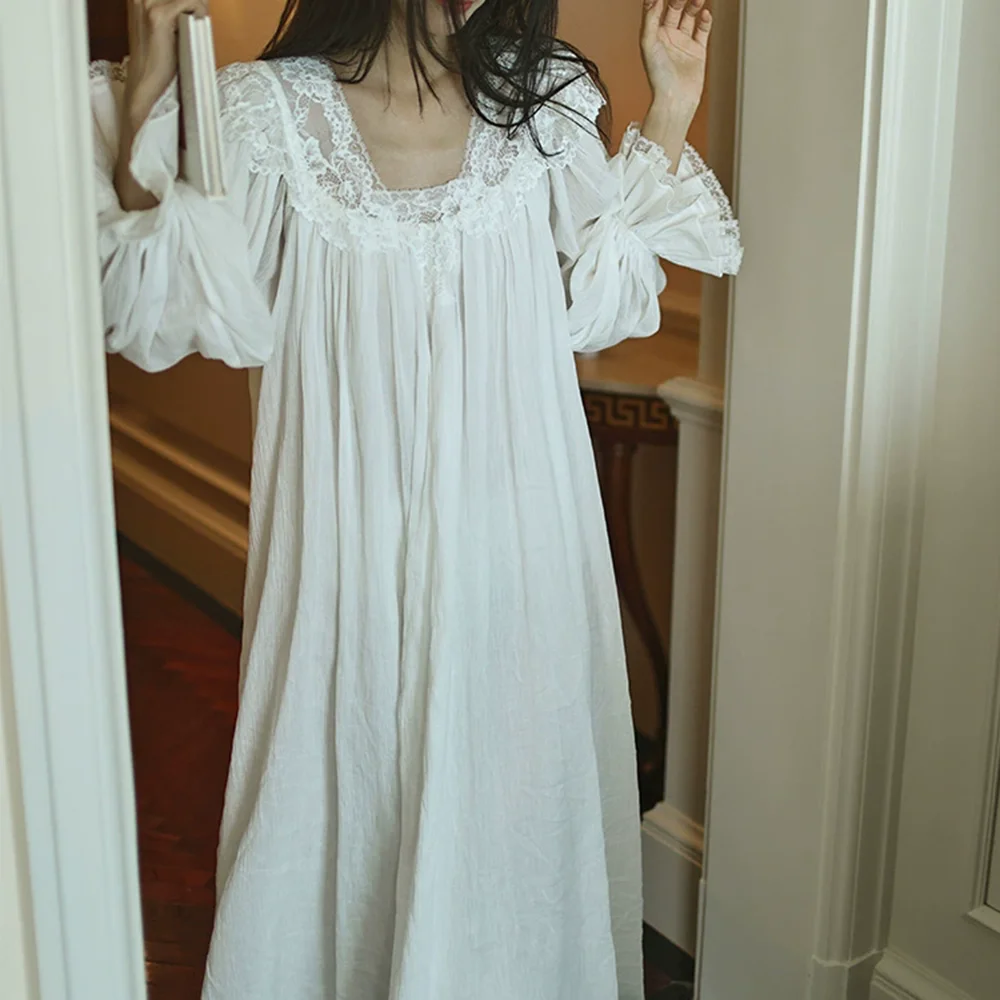 

2025 New Women Cotton Jacquard Nightdress With Chest Cushions Long White Nightgown Lace Gauze Loungewear Pajama Morning Robe