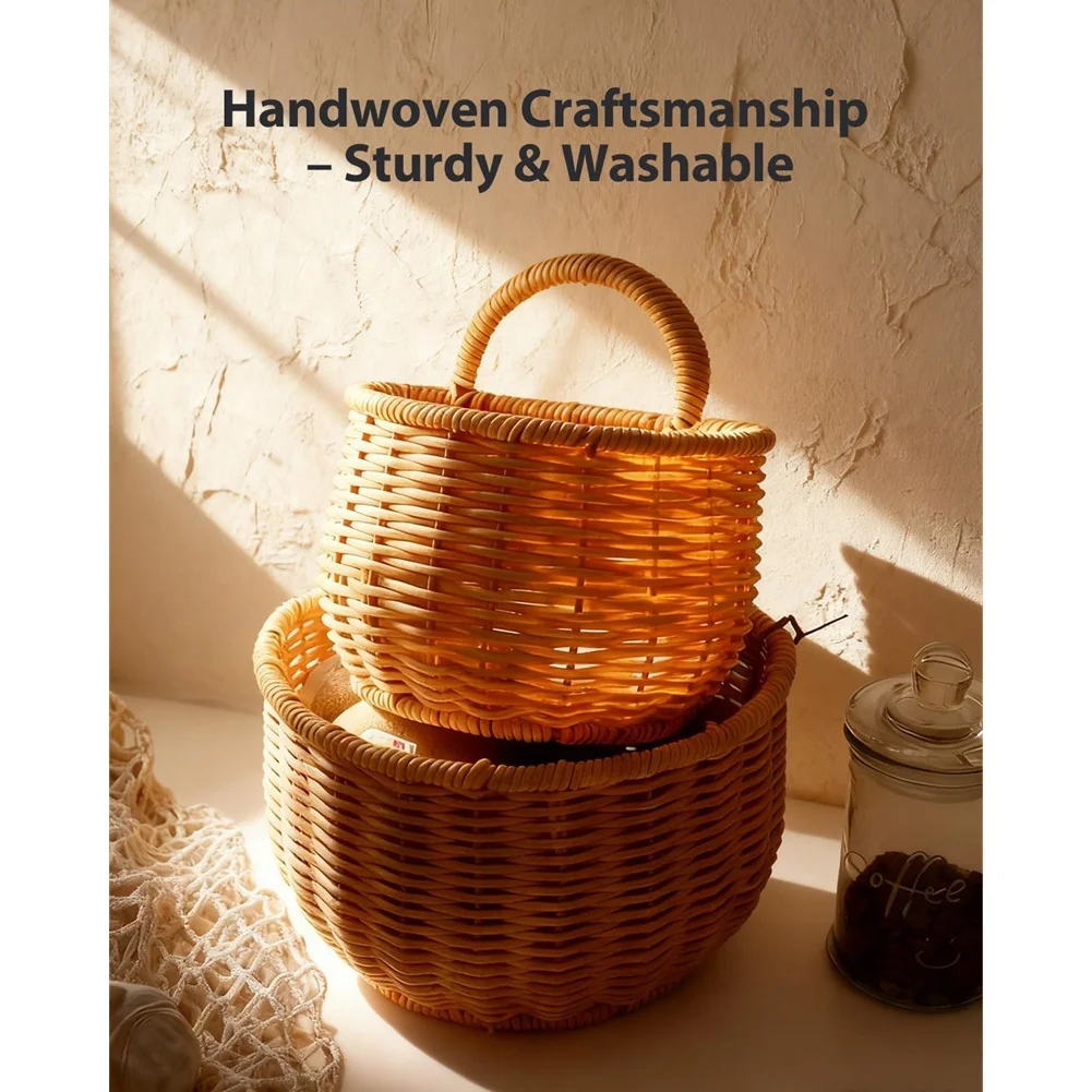 A95G 2 Pack Wall Hanging Rattan Baskets,Hand-Woven Storage Basket,Wall Hanging Baskets for Kitchen,Washable Decorative Basket