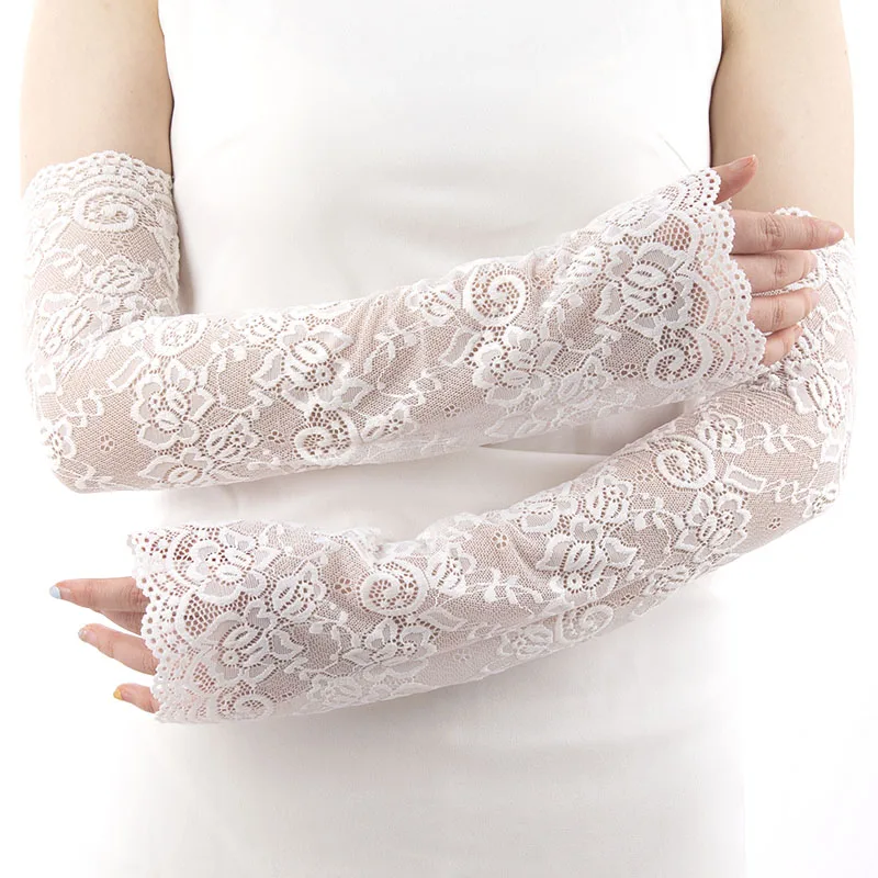 Nuevo vestido Sexy, guante de encaje para fiesta, guantes sin dedos florales para mujer, guantes elásticos con mangas para codo y brazo, guantes