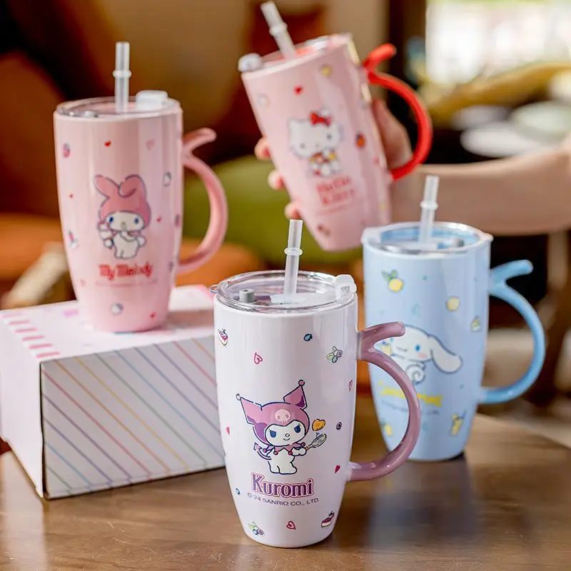 Hot Sanrios Hellokitty Mug Kuromi Straw Cup Cartoon Ins Cinnamoroll Ceramic Cup Cute Couple Cup Kids Anime Home Office Water Cup