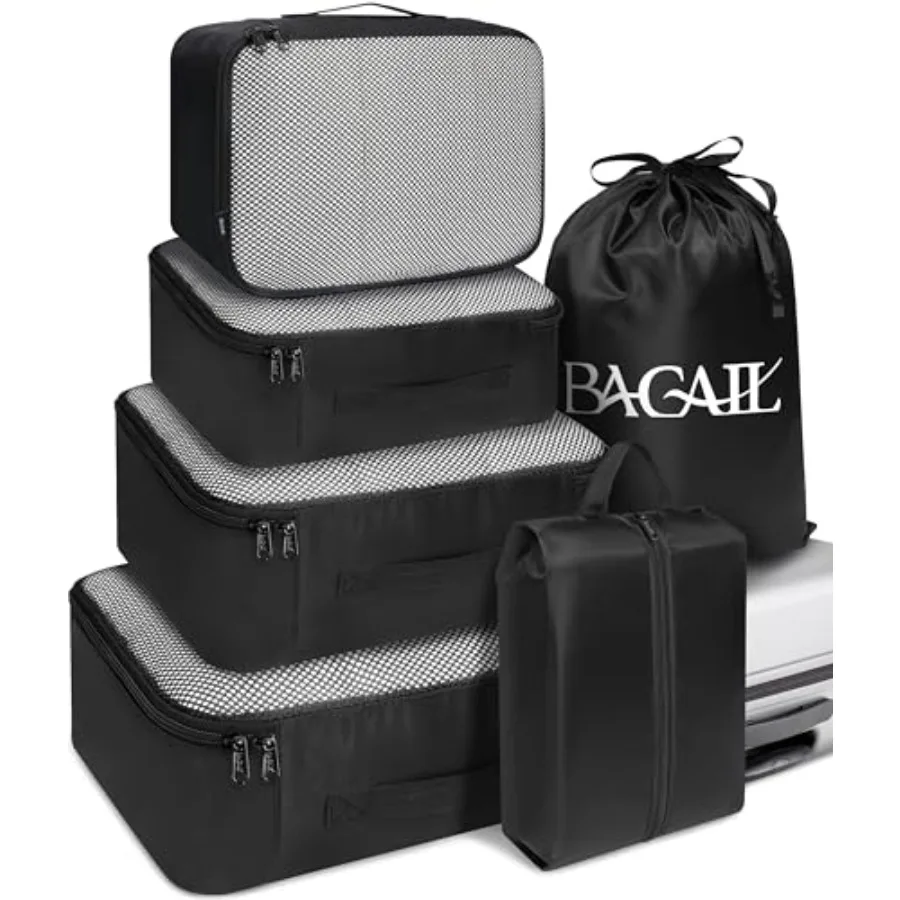 

6 Set Packing Cubes Luggage Packing Organizers for Travel Accessories in Black with Compact Storage and Durable Material