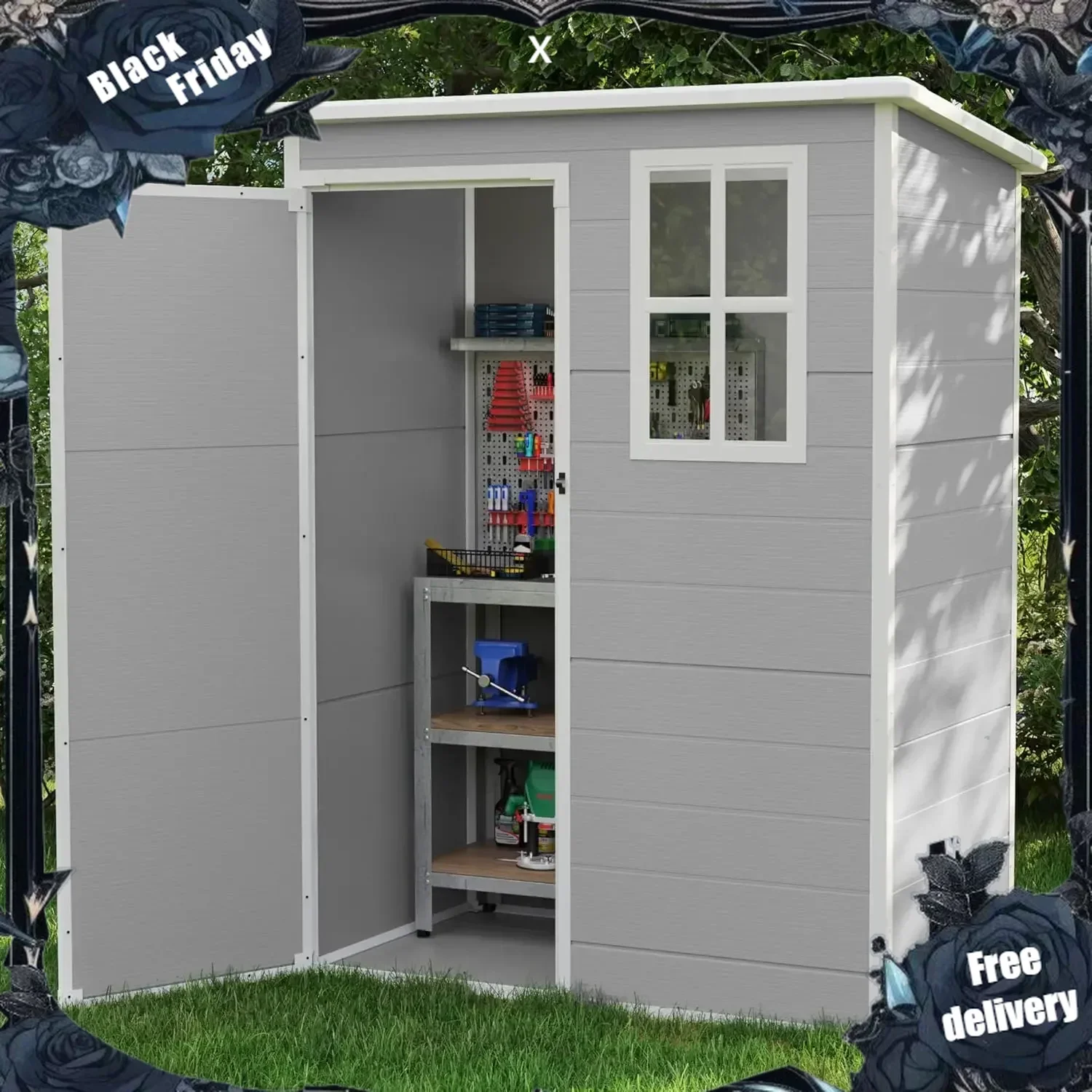 

Outdoor Storage Shed 5x3 FT, Plastic Garden Shed for Bike, Garbage Can, Tool, Outside Sheds & Outdoor Resin Shed