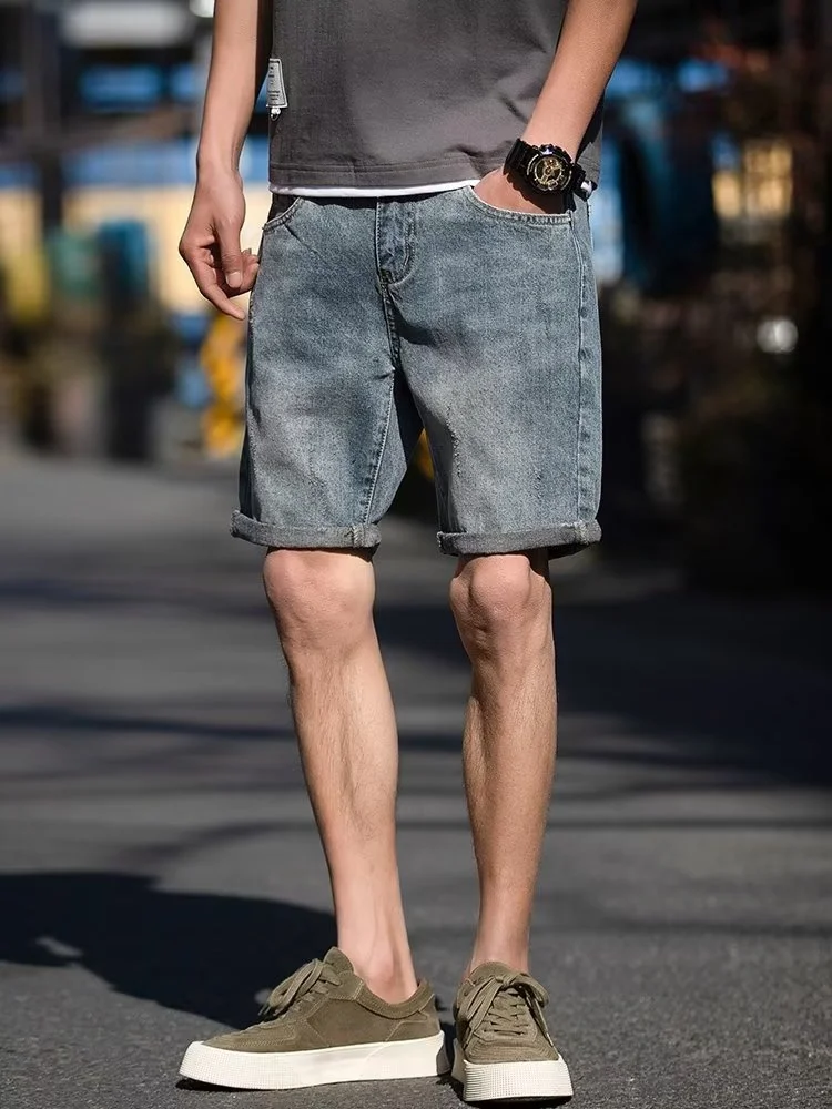 

Summer American Sle Loose Men's Denim orts Thin Five-Point Casual Straight Leg Jeans Youth Trendy Straight Cut Water Wa