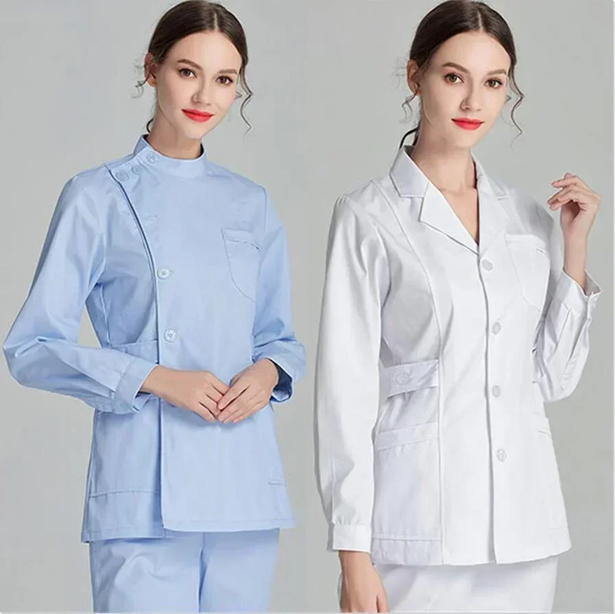白ショートスクラブコート綿ナース制服白ショート長袖白衣病院医師制服美容院作業服