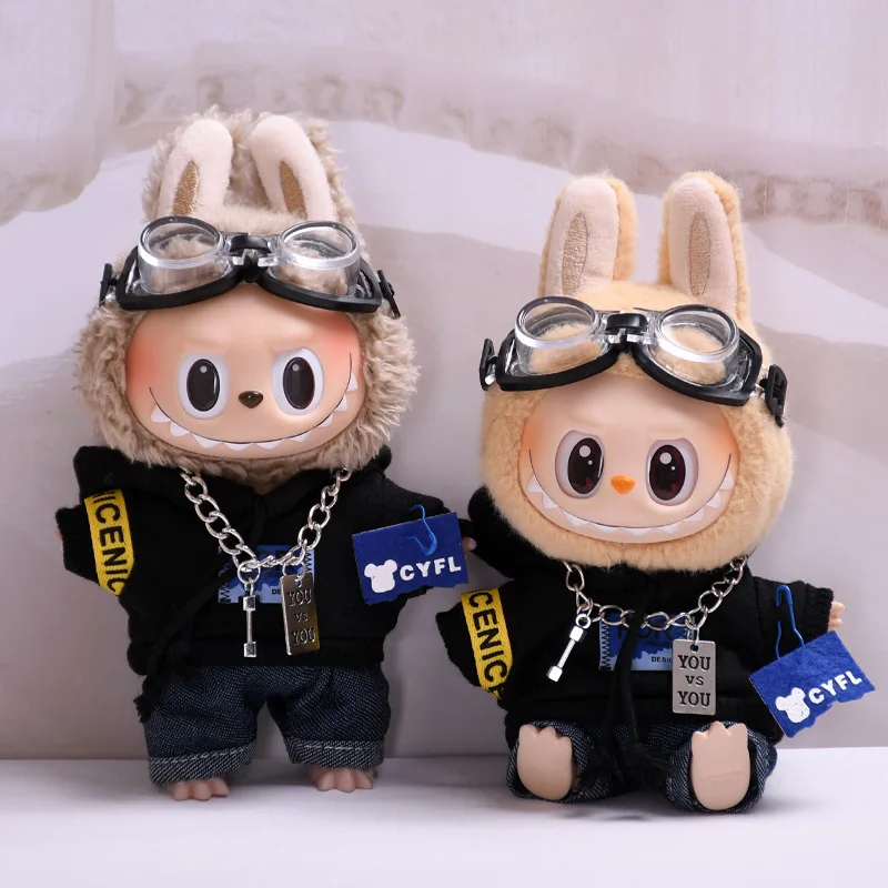 17cm Labubu Dolls Clothing The Monster Clothes Outfit Accessories DIY Kids Gift Pilot Hoodie Jeans Flying Glasses FD06K