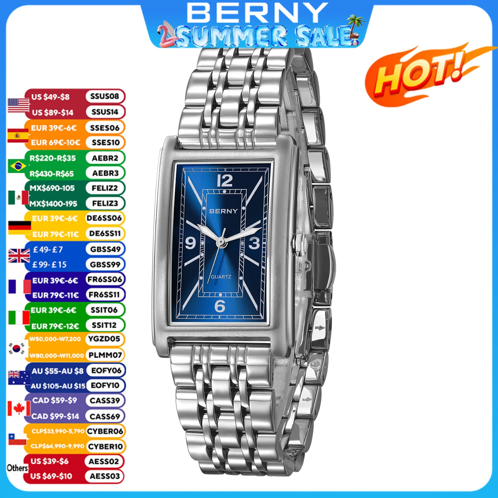 BERNY Square Men Watch Luminous Quartz Roman Numeral Dial 316L Stainless Steel Casual Fashion Rectangular Luxury Watch for Men