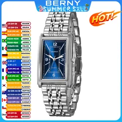 BERNY Square Men Watch Luminous Quartz Roman Numeral Dial 316L Stainless Steel Casual Fashion Rectangular Luxury Watch for Men