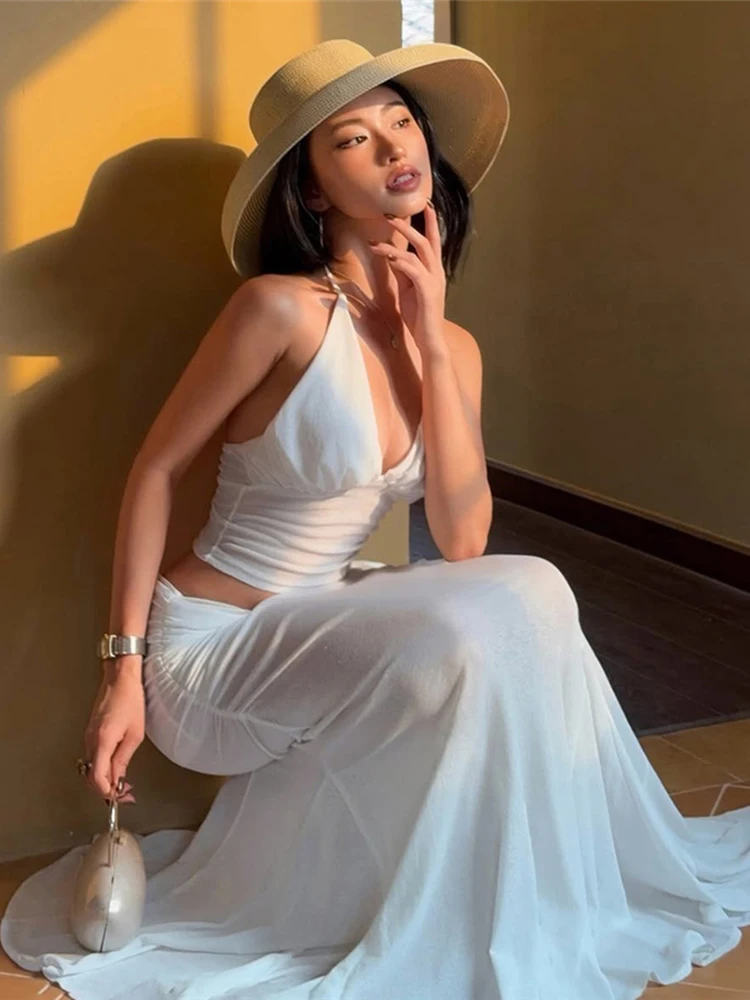 

Nibber Chic Ruched 2 Piece Set Woman Halter V-Neck Backless Crop Tops+Mesh Long Skirts Summer Vacation Beach Party Elegant Suits