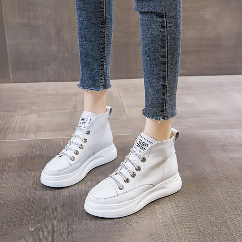 CXJYWMJL Genuine Leather Women Autumn Sneakers High Top Vulcanized Shoes Ladies Casual Thick Bottom Winter Shoes Skate Female