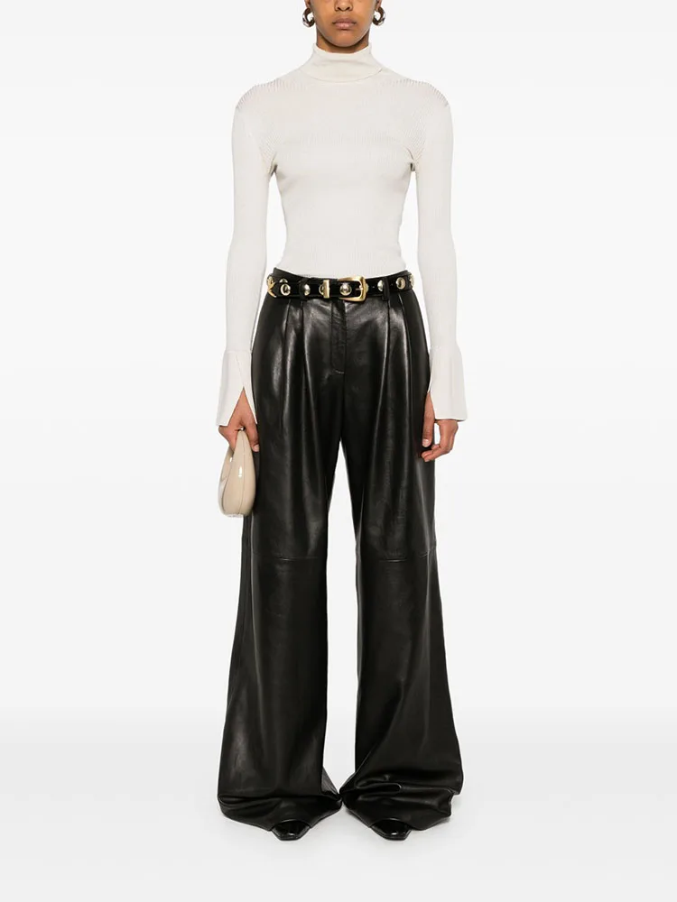 Woman clothingy2k fall and winter three-dimensional patchwork style cropped trailing pants straight leather pants 2024 Trousers