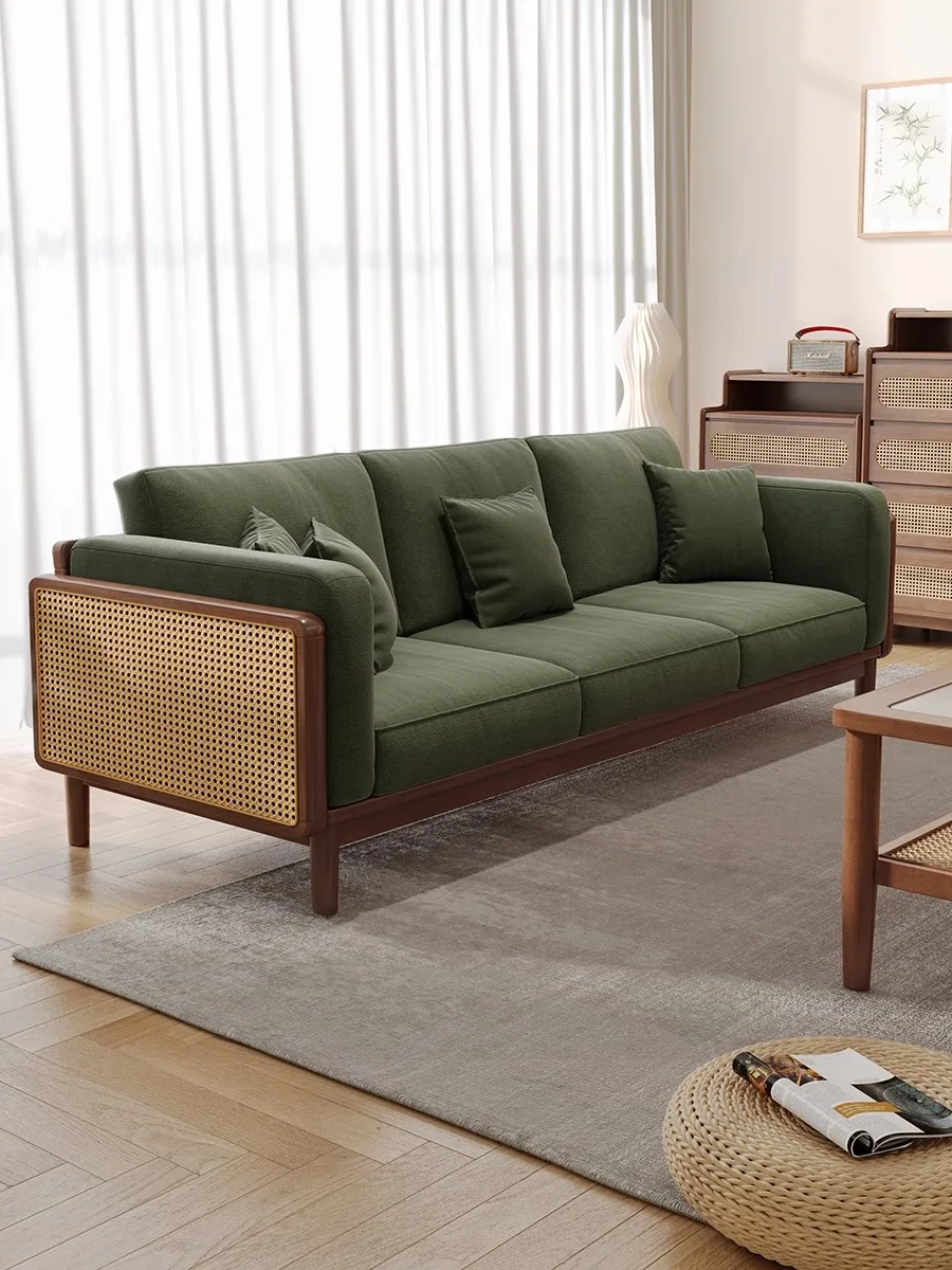

Rattan solid wood sofa combination bed and breakfast living room small apartment black walnut color new