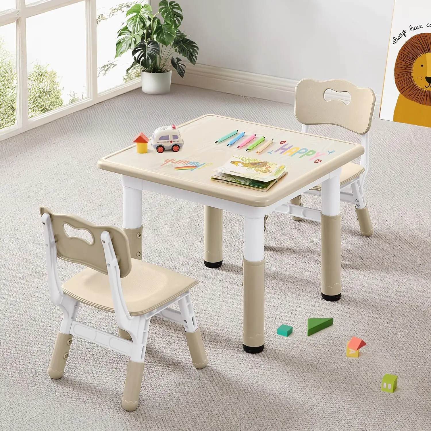 

Adjustable Kids Table & Chairs Set for Ages 2-8, Non-Slip Activity Desk with Wipe-Clean Top