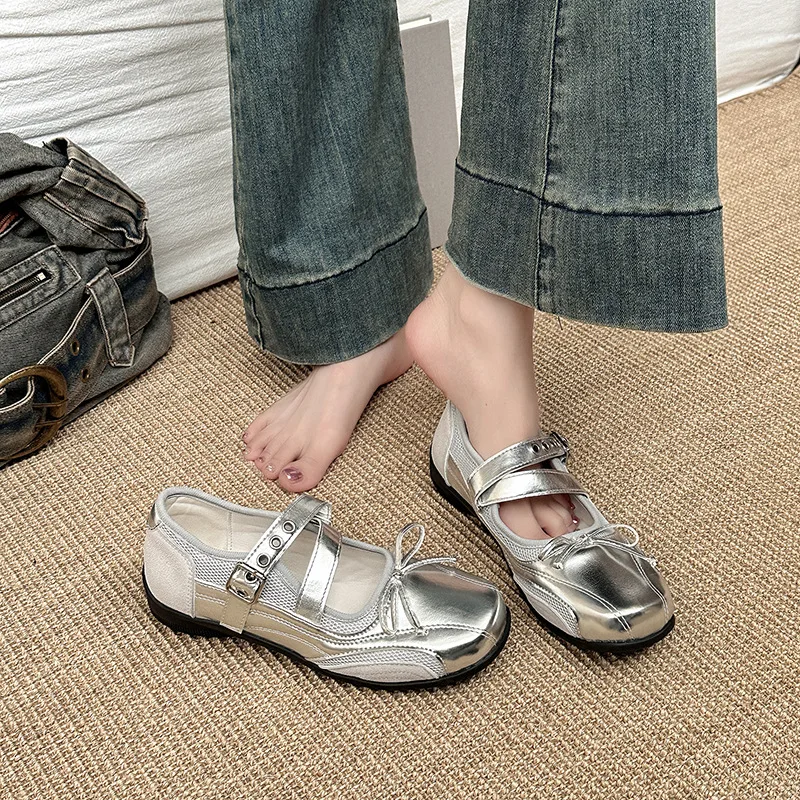 2026 Summer Women Silver Vintage Mary Jane Shoes Elegant Bow Decor Ballet Flats Stylish Daily Dress Single Footwear