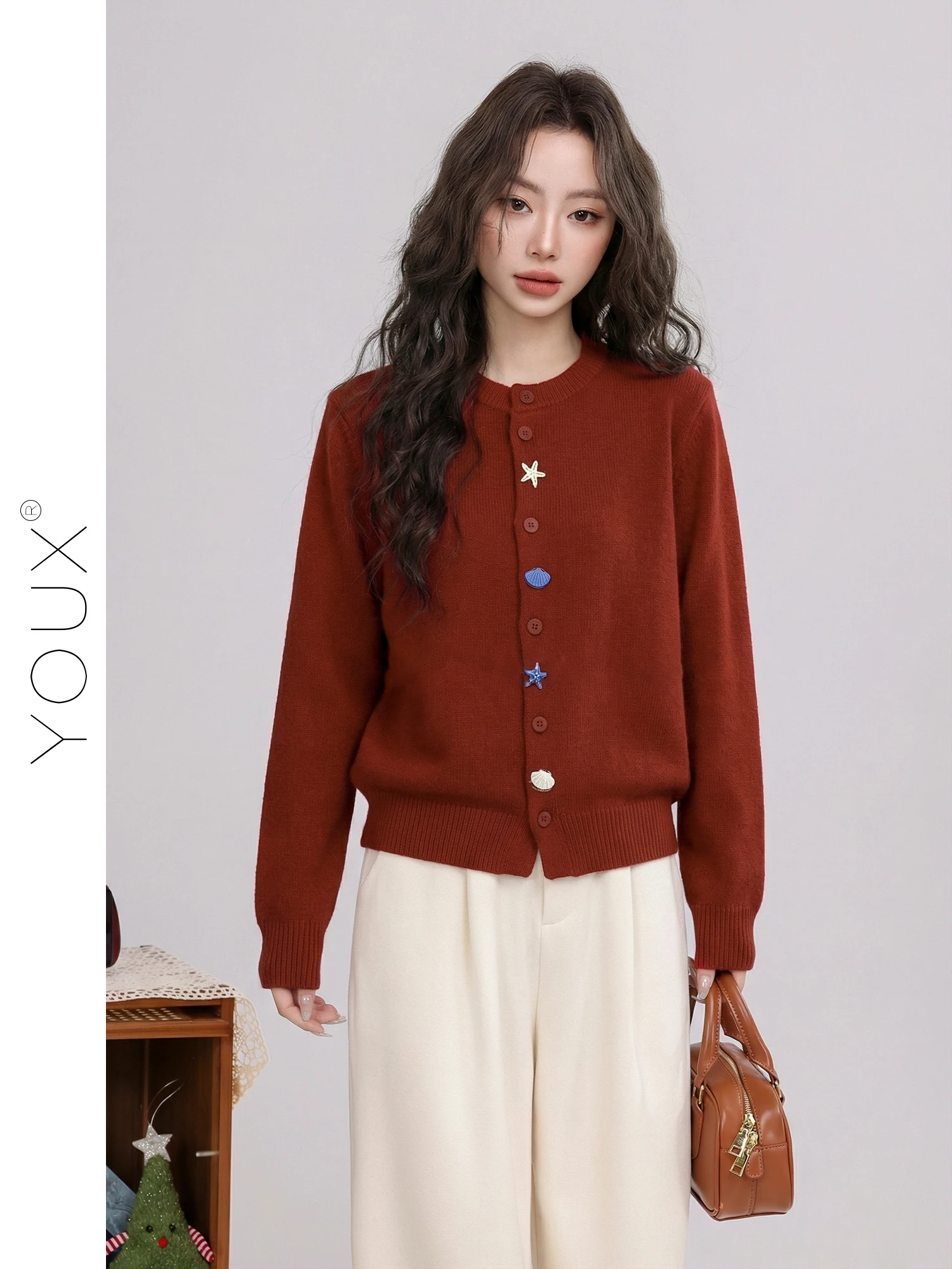 

Retro Style Red Knitted Open Cardigan Women's Loose New Year's Fashion Soft Long Sleeve round Neck Pullover Spring 2026