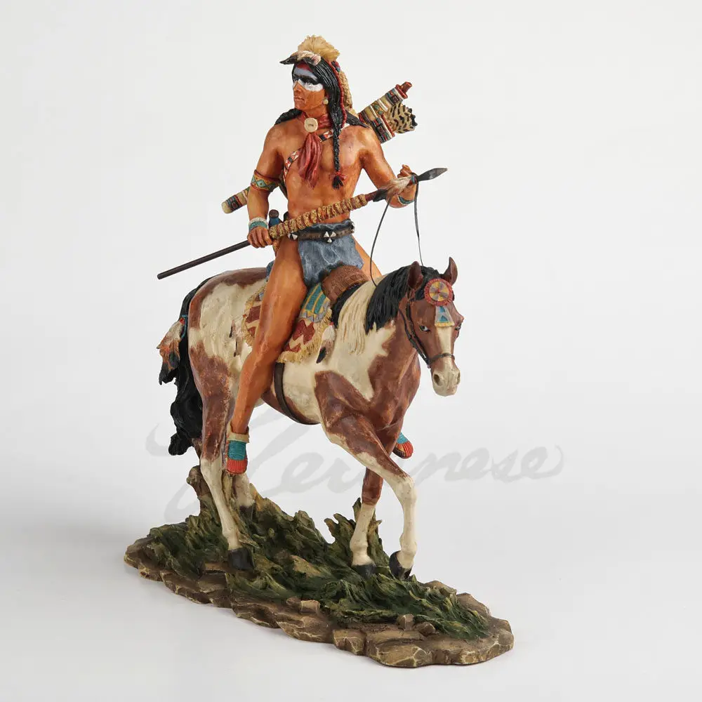 Native American Indian Warrior on Horse Statue with Spear Hand Painted Resin Figurine Home Office Decor Collectible Art Gift