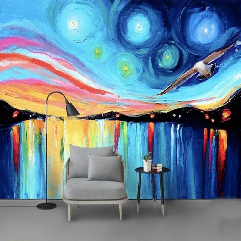 Modern simple pure handcrafted creative oil painting seaport wild geese TV luxurious home decoration background wall paper