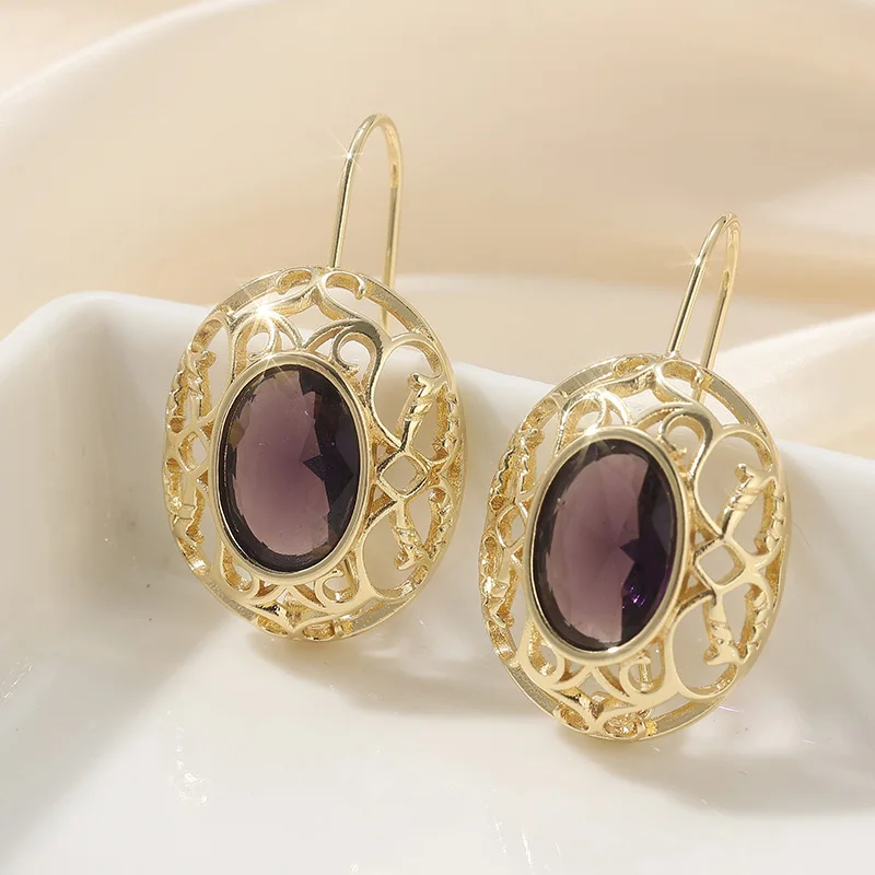 Elegant Oval Cubic Zircon Drop Earrings For Women Gold Plated Aesthetic Hollow Pattern Earrings Vintage Fine Lady Jewelry