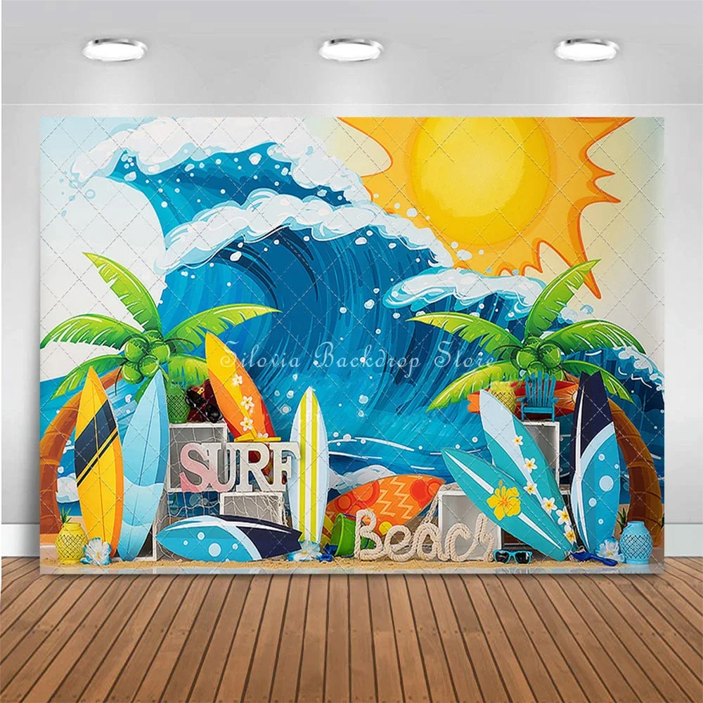 Longboard Surfer เด็กภาพพื้นหลังฤดูร้อนชายหาดวันเกิดเค้ก Smash การถ่ายภาพฉากหลังเด็ก Portrait Photo Studio Props