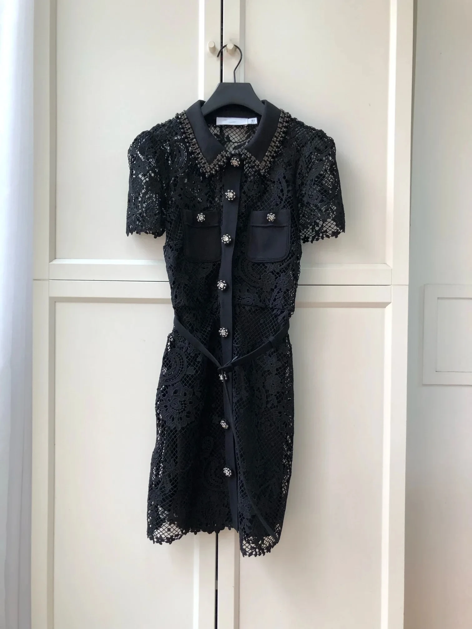 2024 Spring/Summer New Black Lace Hollow Water Diamond Flower Button Turndown Collar A-line Dress woman mini Bubble Sleevesskirt