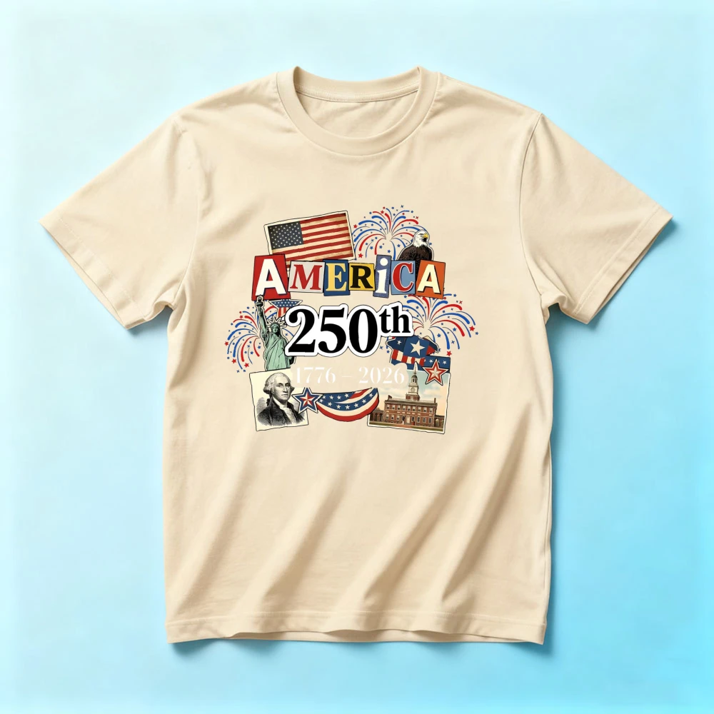 250th Anniversary Shirt Vintage Americana Collage Tee Patriotic Independence Day 1776 2026 Celebration Tshirt Women Fashion Tops