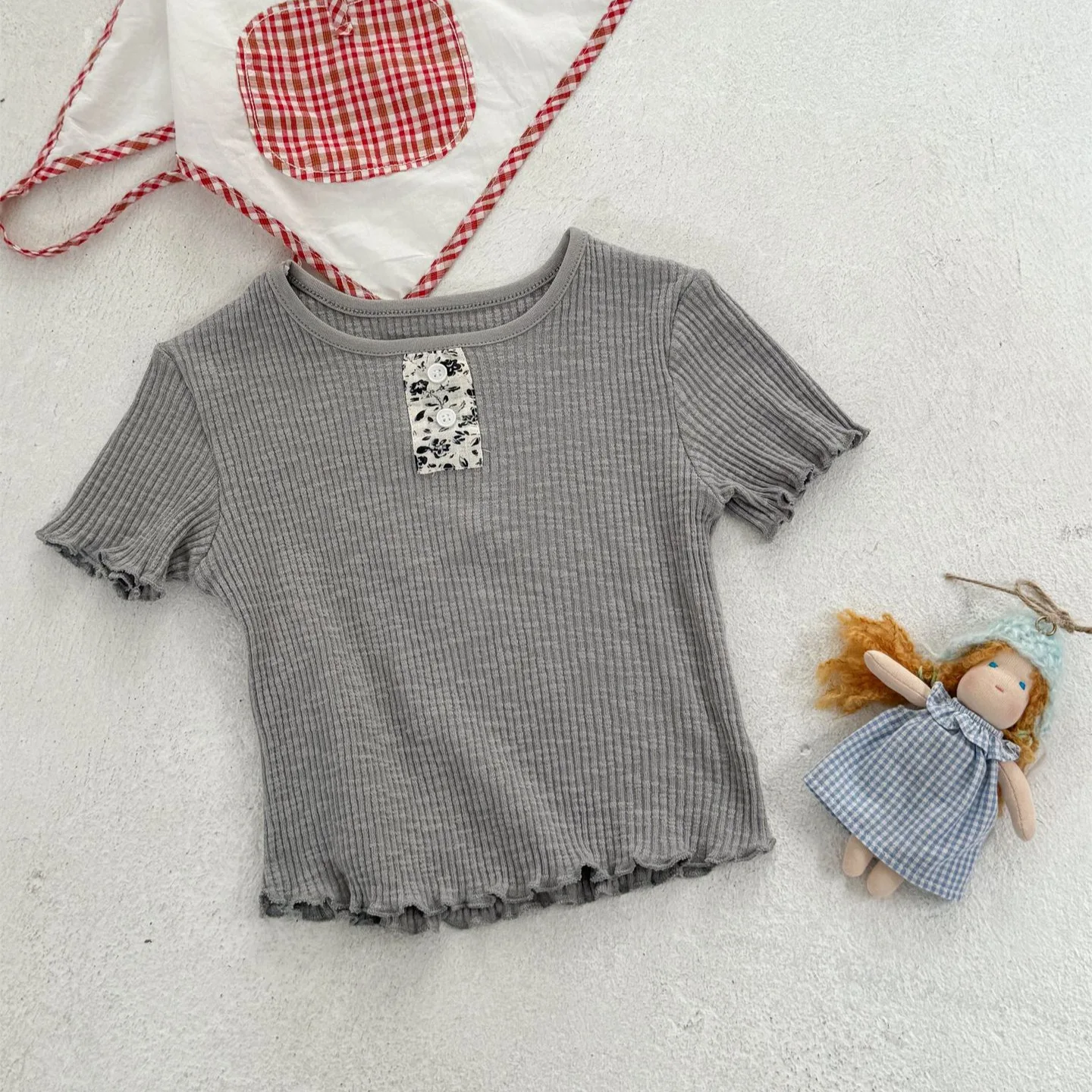 2026 Summer New Korean Style Girls Short Sleeve Top Embroidery Patch Design Fashionable Versatile Casual Kids Clothing