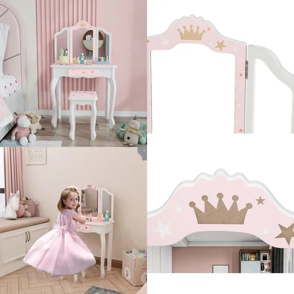 

Children's Vanity Makeup Table Set with Folding Mirror, Dressing Table for Kids, 180° Rotating Mirror Vanity Set