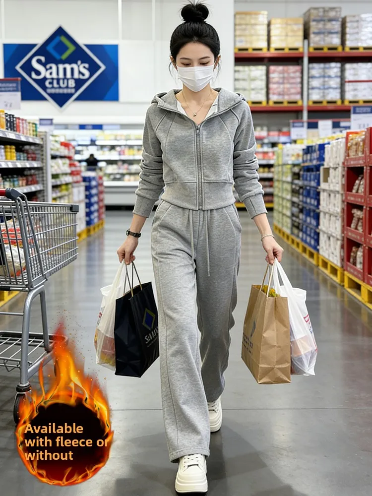 

Gray Fleece Lined Casual Sportswear Set Short Coat Top And Wide Leg Pants Two Piece Suit for Women Comfortable Winter Outfit