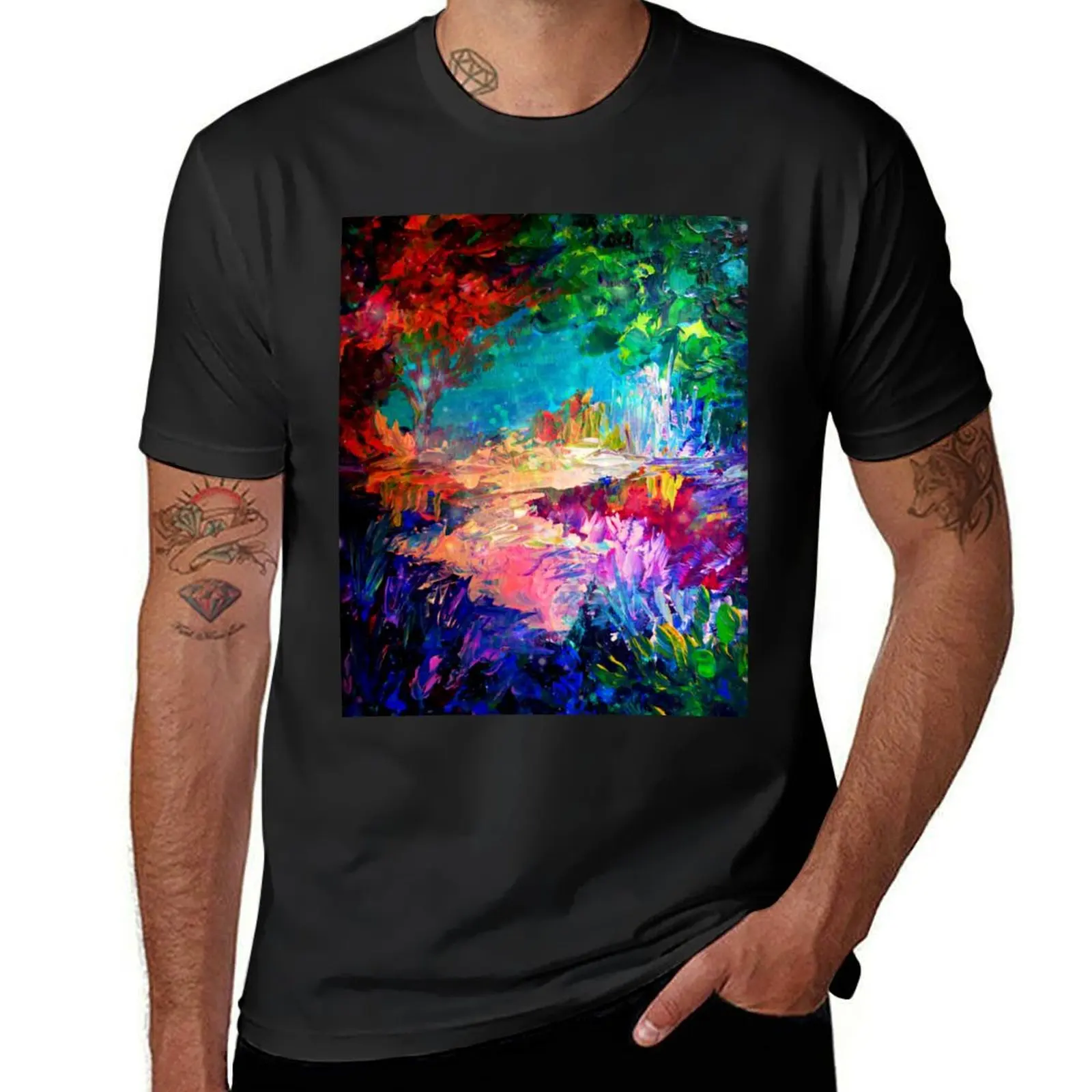 

WELCOME TO UTOPIA Bold Rainbow Multicolor Abstract Painting Forest Nature Whimsical Fantasy Fine Art T-Shirt