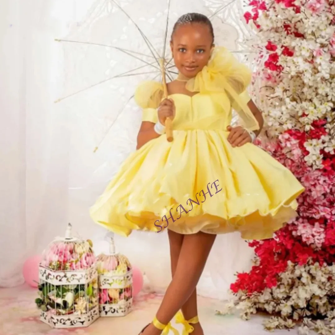 فستان فتاة الزهور الوردي المخصص لحفلات الزفاف منتفخ طول الركبة وأكمام قصيرة لطيف طفل أطفال عيد ميلاد أول مناولة فستاين سهرة/فساتين الحفلات