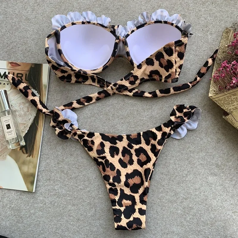 Leopard Print Ruffled Edge Swimwear Bandeau Push Up Bikini Sets Sexy Swimsuit Women Micro Thong Bathing Suit Bikini 2024 Mujer