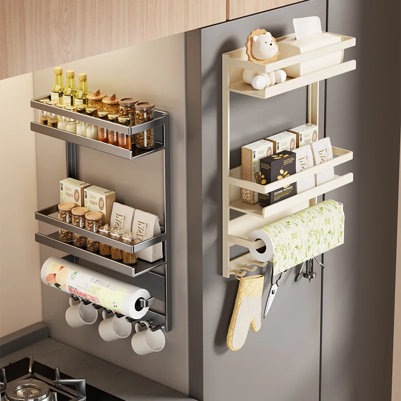 Three Tier Magnetic Refrigerator Side Shelf Carbon Steel No Drill Kitchen Organizer Spray Coated Condiment Rack Iron Metal
