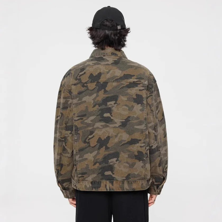 Camouflage Pure Cotton Denim Jacket Men Streetwear Fashion Hip Hop Loose Casual Vintage Hole Denim Varsity Jacket Cowboy Coat