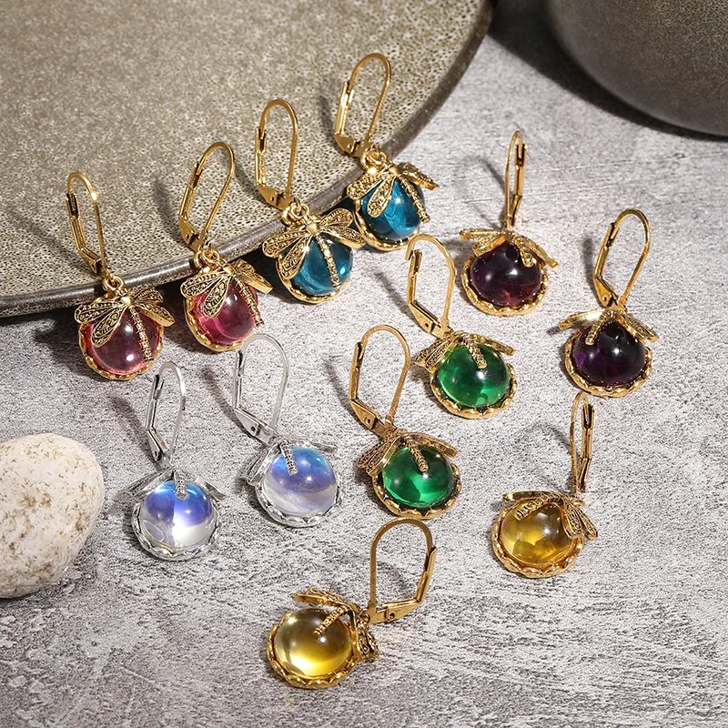 Vintage Bronze Dragonfly Earrings Fashion Gold Color Metal Carving Pattern Inlaid Multicolour Moonstone Drop Earrings for Women