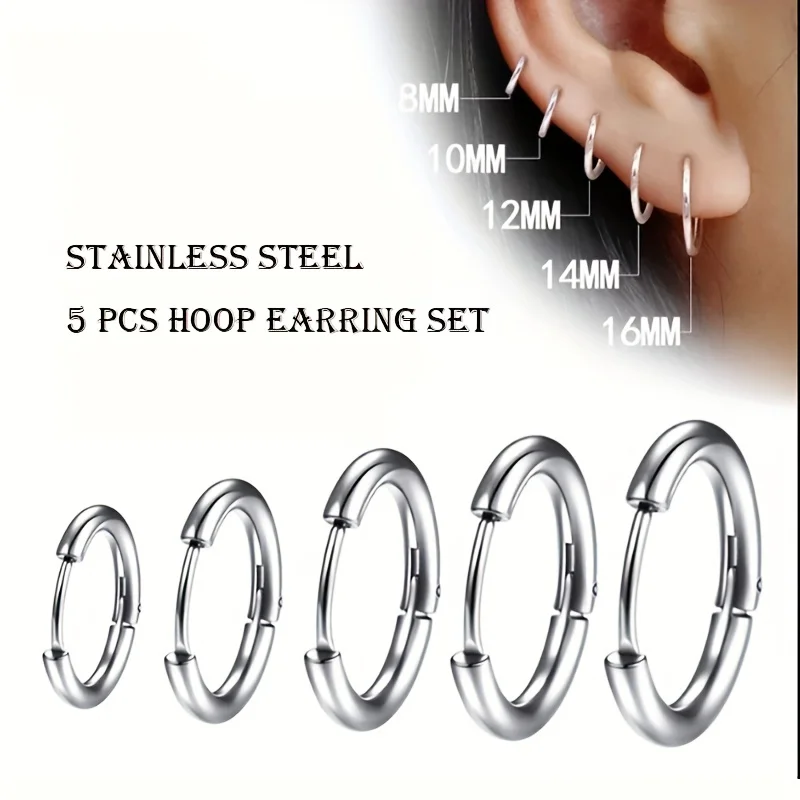 5pcs Hypoallergenic Men Women Stainless Steel Round Wire Hooks Loop Drop Dangles Earrings Set Circle Buckle Huggie Hoop Earrings